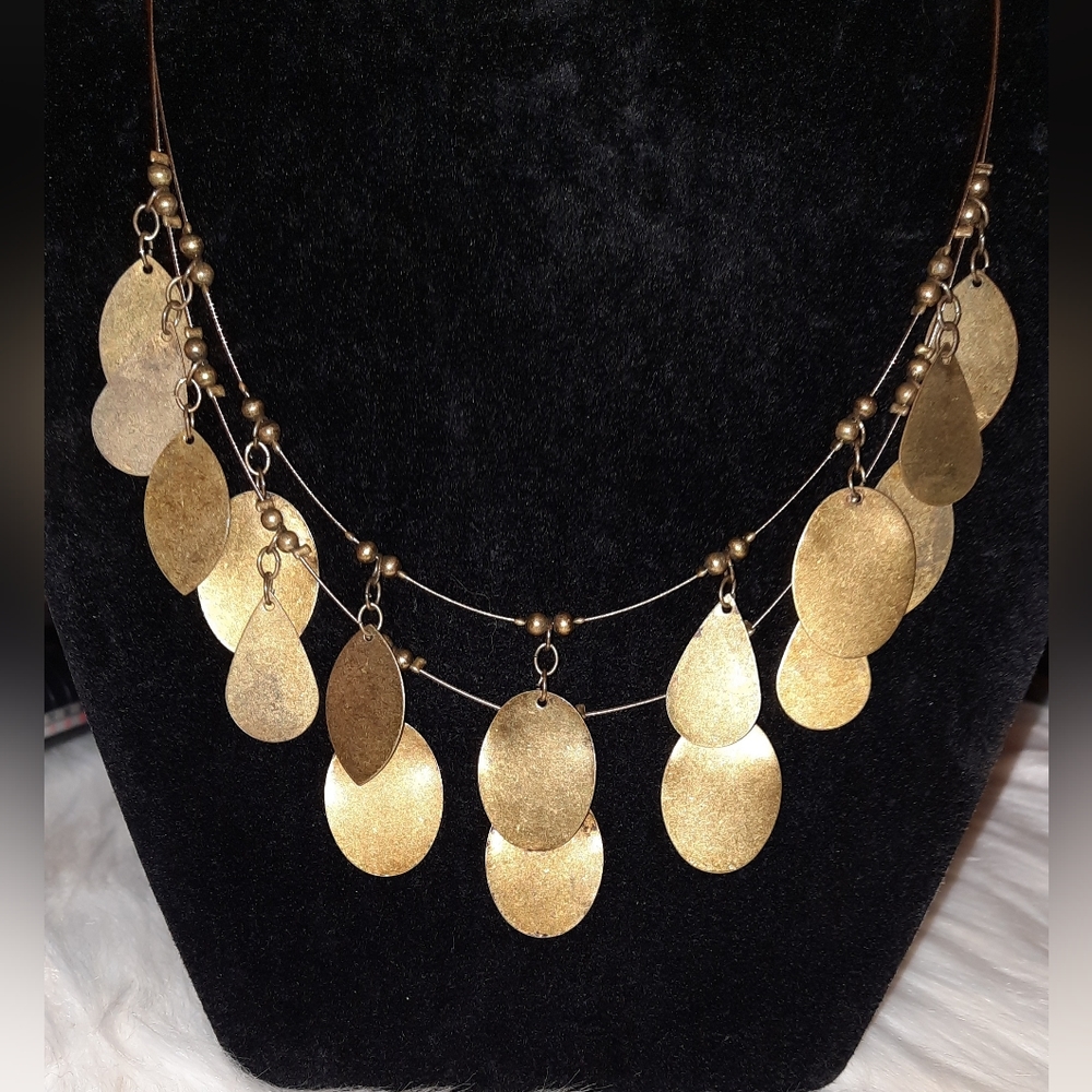 Multistrand disk necklace adjustable length antique goldtone